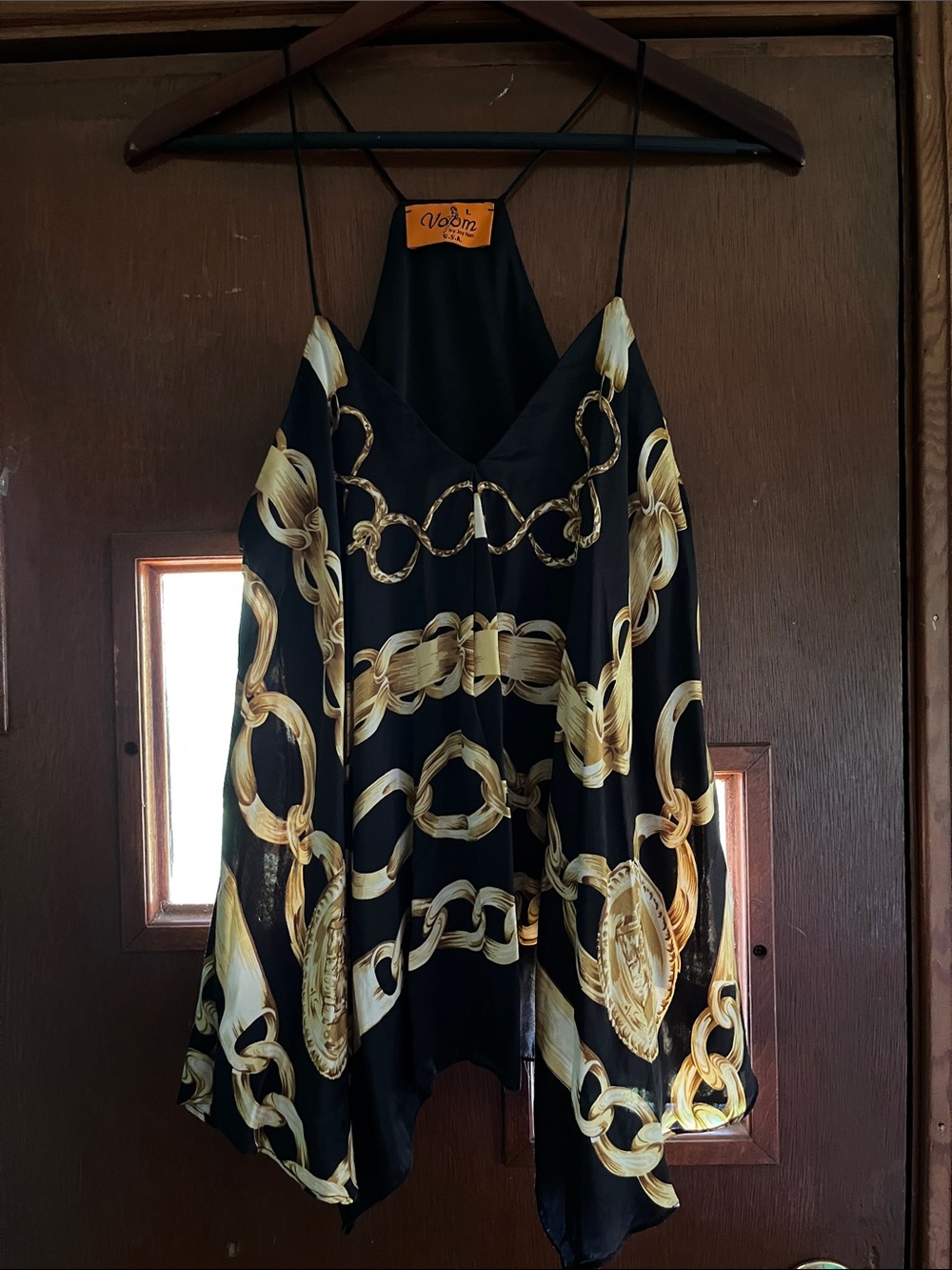 Voom by Joy Han Black & Gold Chain Print Halter Silk Cami Large